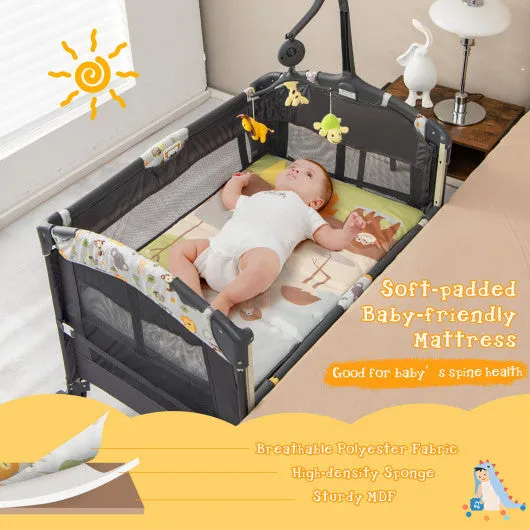 3-in-1 Convertible Portable Baby Playard with Music Box and Wheel and Brakes-Dark Gray