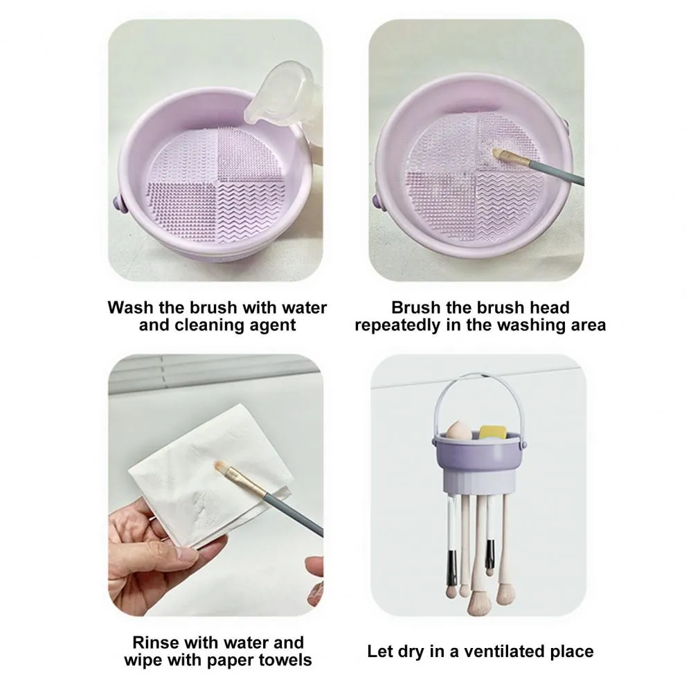 3-in-1 Makeup Brushes Cleaner | Sponge Brush Washing Box & Makeup Brush Drying Basket (Light Purple)
