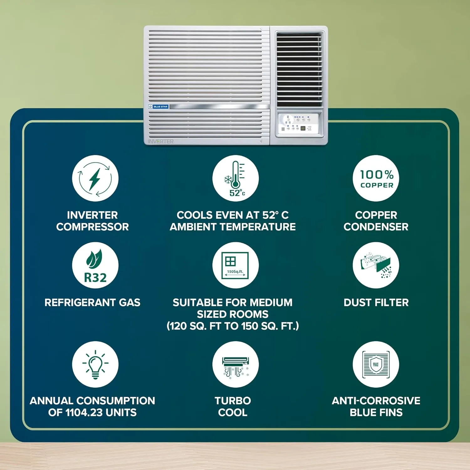 Blue Star WID518L 1.5 Ton 5 Star Inverter Window AC (Copper, Turbo Cool,  White)
