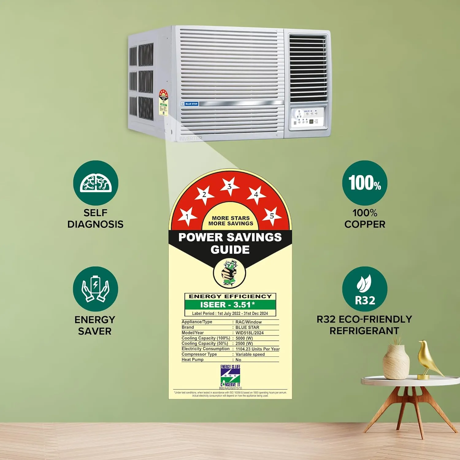 Blue Star WID518L 1.5 Ton 5 Star Inverter Window AC (Copper, Turbo Cool,  White)