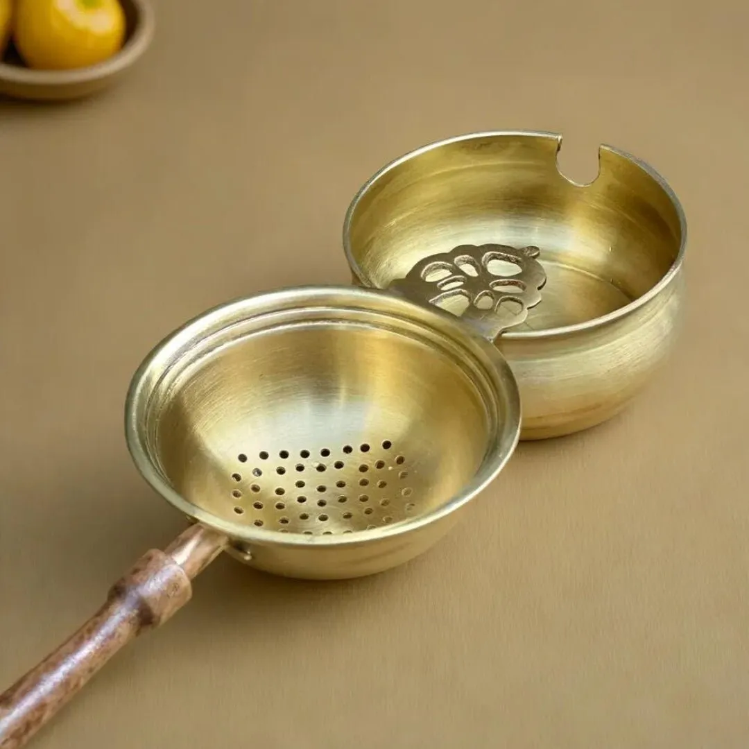 Brass & Wood Tea Strainer & bowl for Everyday Luxury Kitchen usage | Wooden Handle | Handmade in India