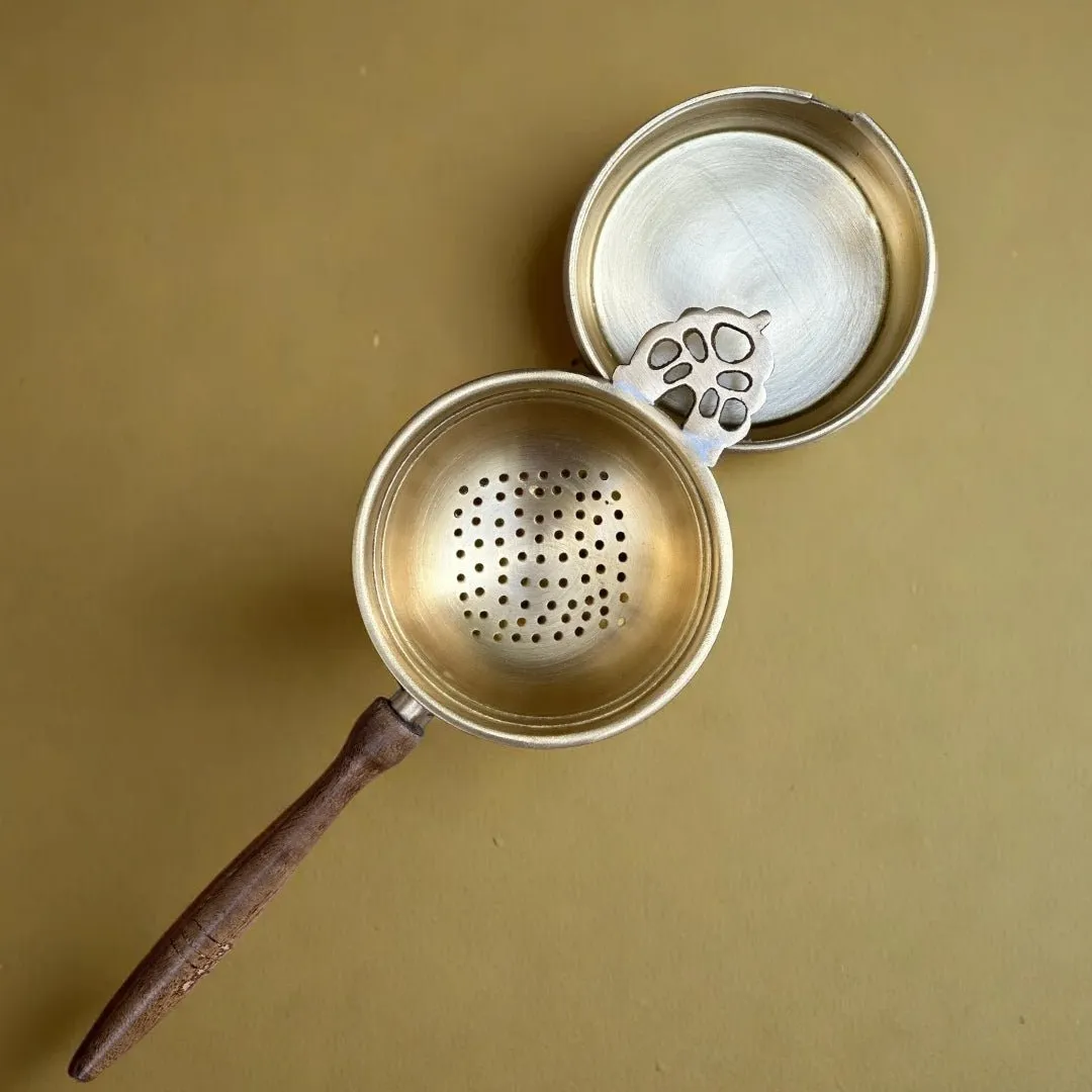 Brass & Wood Tea Strainer & bowl for Everyday Luxury Kitchen usage | Wooden Handle | Handmade in India