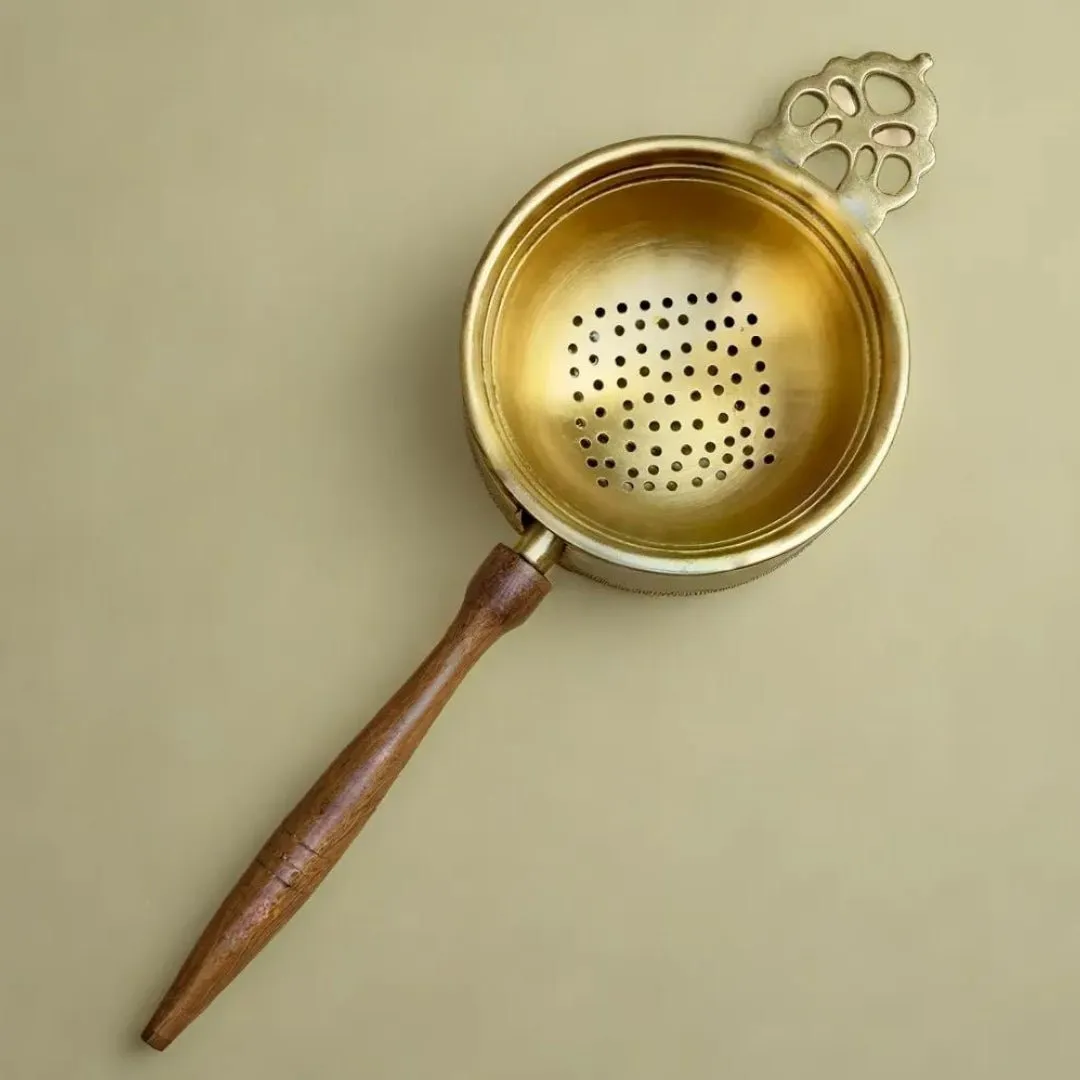 Brass & Wood Tea Strainer & bowl for Everyday Luxury Kitchen usage | Wooden Handle | Handmade in India