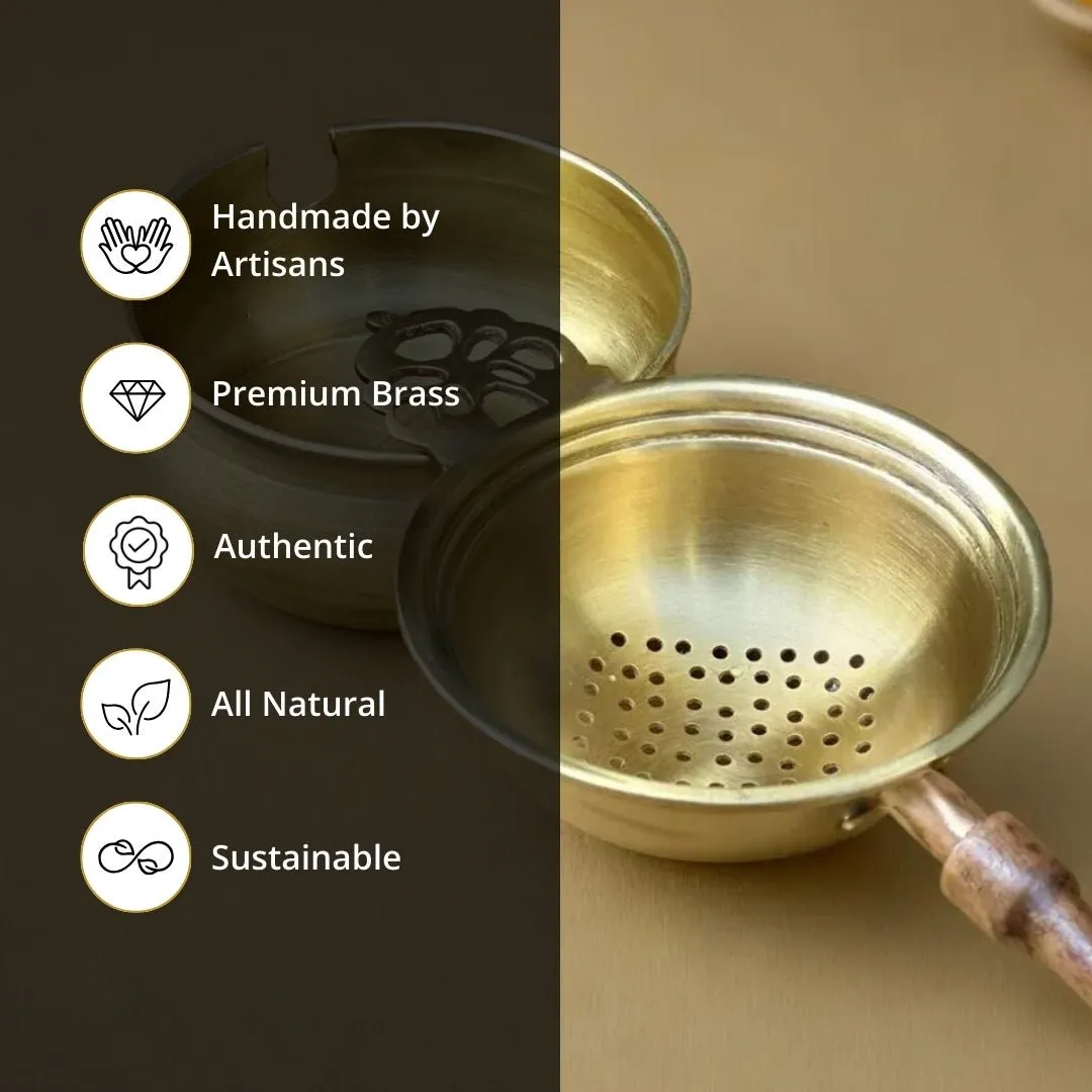 Brass & Wood Tea Strainer & bowl for Everyday Luxury Kitchen usage | Wooden Handle | Handmade in India