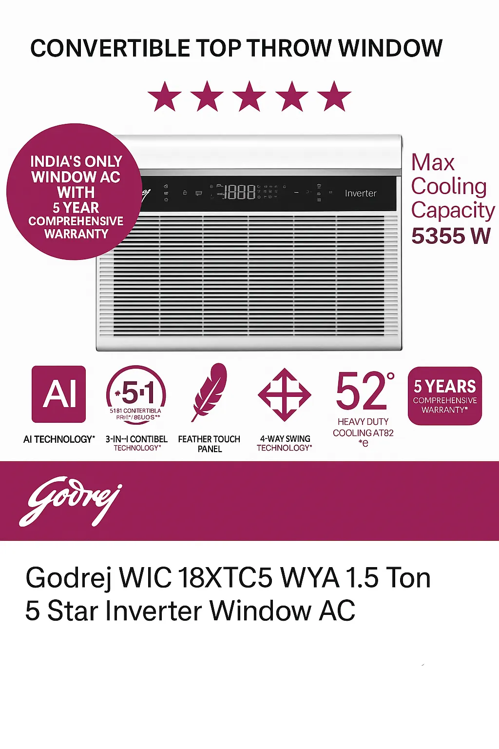 Godrej WIC 18XTC5 WYA 1.5 Ton 5 Star Inverter Window AC | 5-in-1 Convertible Cooling | Copper Condenser | Pure Air Filter | 2025 Model | White | Made in India