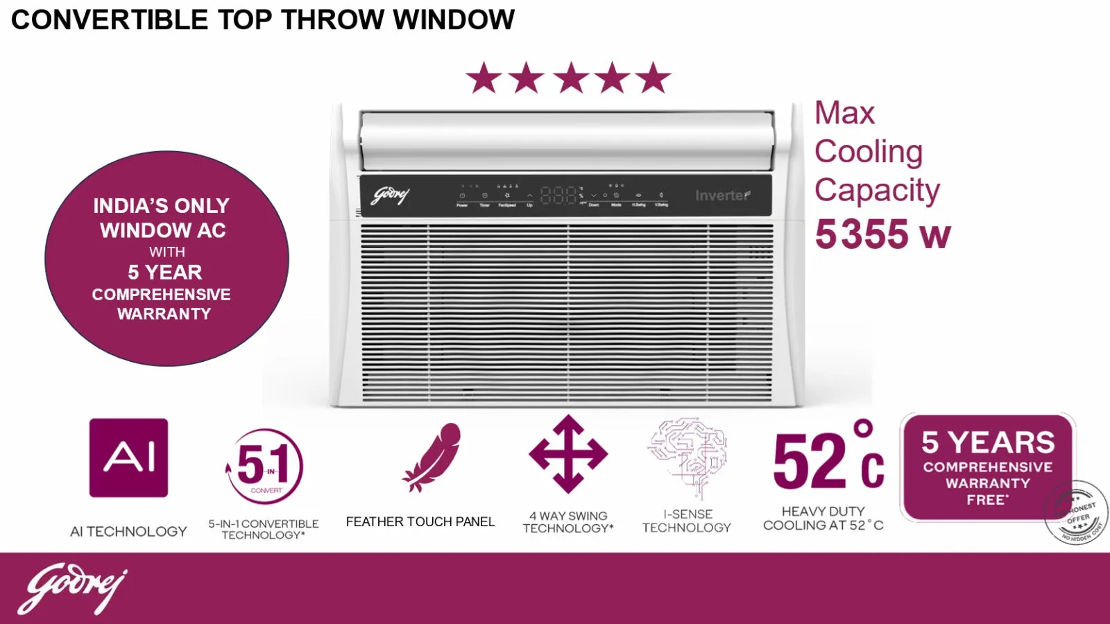 Godrej WIC 18XTC5 WYA 1.5 Ton 5 Star Inverter Window AC | 5-in-1 Convertible Cooling | Copper Condenser | Pure Air Filter | 2025 Model | White | Made in India