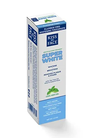 Kiss My Face Super White Cool Mint Gel Toothpaste, SLS And Fluoride Free, Removes Plaque And Prevents Tartar, With Added Tea Tree Oil, Aloe And Iceland Moss, 4.5 Oz