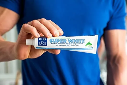 Kiss My Face Super White Cool Mint Gel Toothpaste, SLS And Fluoride Free, Removes Plaque And Prevents Tartar, With Added Tea Tree Oil, Aloe And Iceland Moss, 4.5 Oz