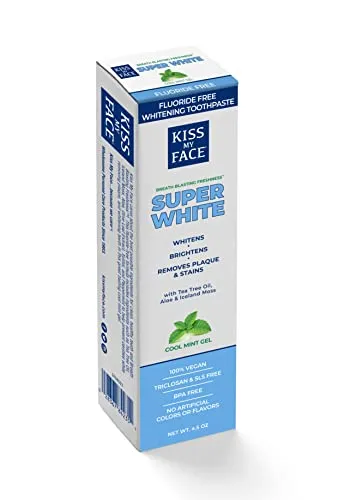 Kiss My Face Super White Cool Mint Gel Toothpaste, SLS And Fluoride Free, Removes Plaque And Prevents Tartar, With Added Tea Tree Oil, Aloe And Iceland Moss, 4.5 Oz