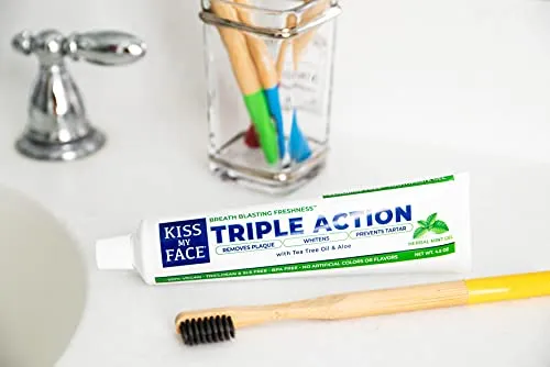 Kiss My Face Triple Action Herbal Mint Gel Toothpaste, SLS And Fluoride Free, Removes Plaque, Prevents Tartar, And Whitens Teeth, With Added Tea Tree Oil, No Artificial Colors Or Flavors, 4.5 oz
