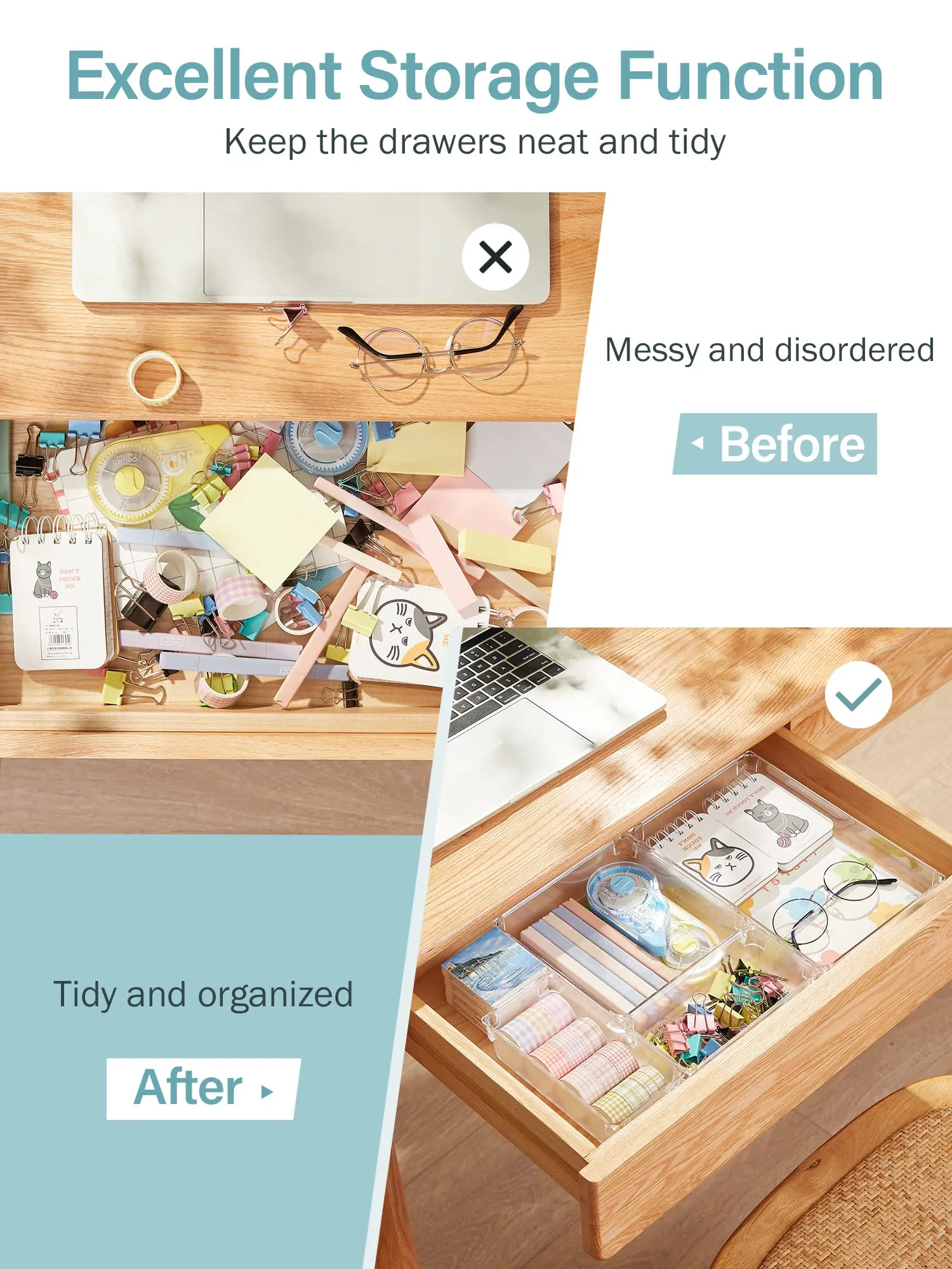 Kootek Desk Drawer Organizer Trays with 3-Size Large Capacity Storage Drawer Dividers Customize Layout 6 Bins for Bedroom Dresser Bathroom Kitchen