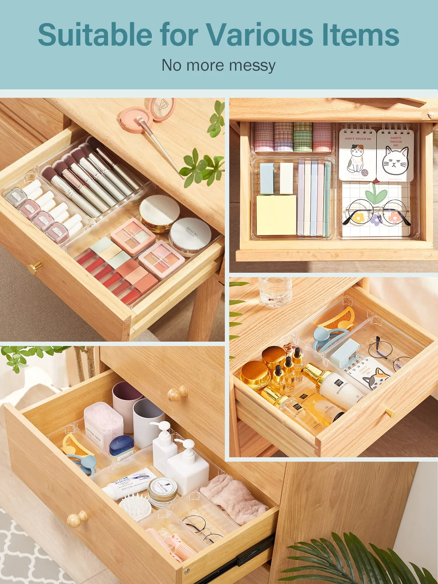 Kootek Desk Drawer Organizer Trays with 3-Size Large Capacity Storage Drawer Dividers Customize Layout 6 Bins for Bedroom Dresser Bathroom Kitchen
