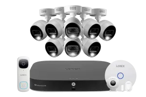 Lorex Fusion 4K 20-Channel (16 Wired and 4 Wi-Fi) 2TB DVR System with 8 Analog Active Deterrence Cameras, 2K Video Doorbell and Smart Sensor Kit