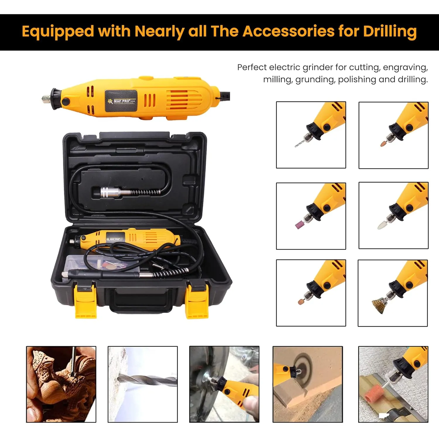 MAF PRO MG152A Multifunctional 52 Pieces Mini Rotary Die Grinder Kit with Flexible Shaft and Variable Speed for Jade Carving, Wood Punching, Sanding, Buffing, Polishing, Engraving (130W, 52 Pcs)