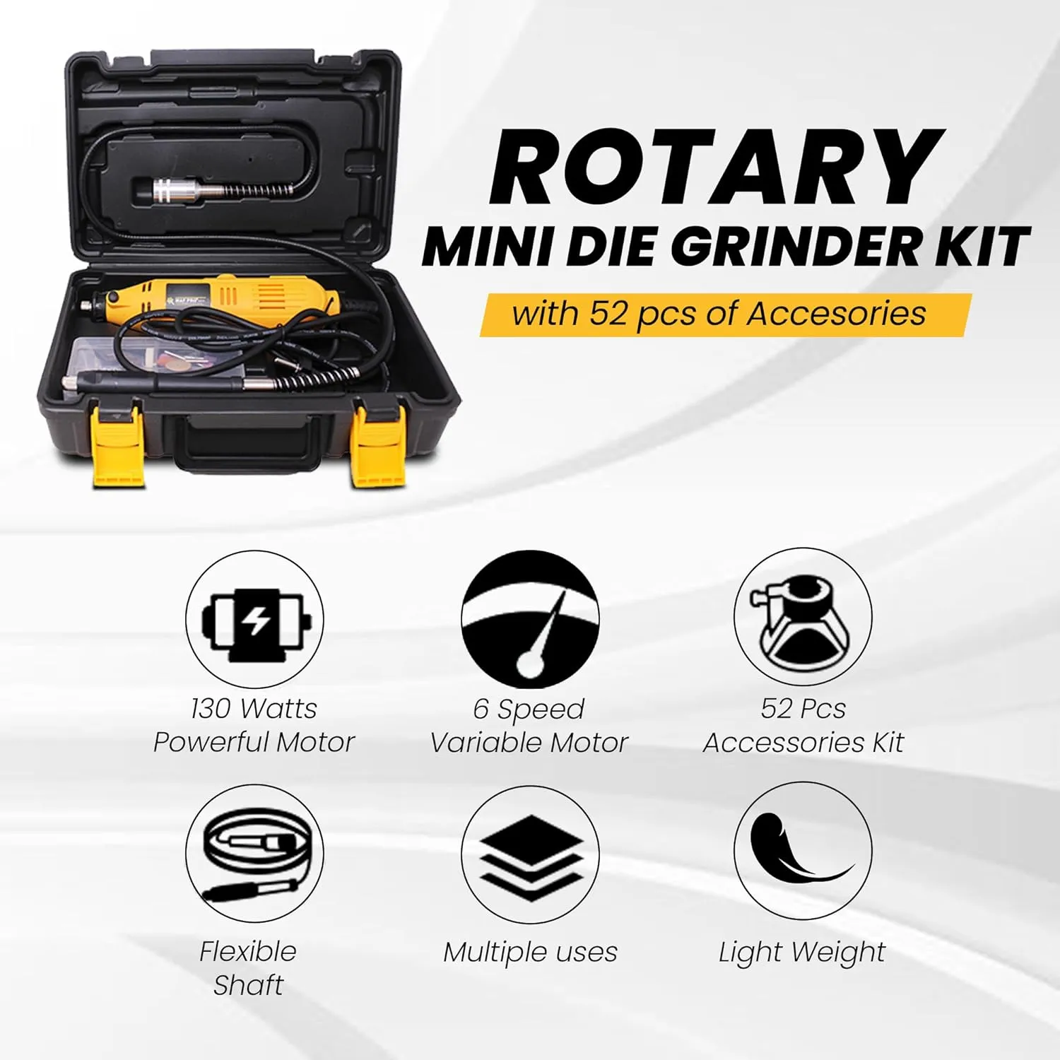 MAF PRO MG152A Multifunctional 52 Pieces Mini Rotary Die Grinder Kit with Flexible Shaft and Variable Speed for Jade Carving, Wood Punching, Sanding, Buffing, Polishing, Engraving (130W, 52 Pcs)