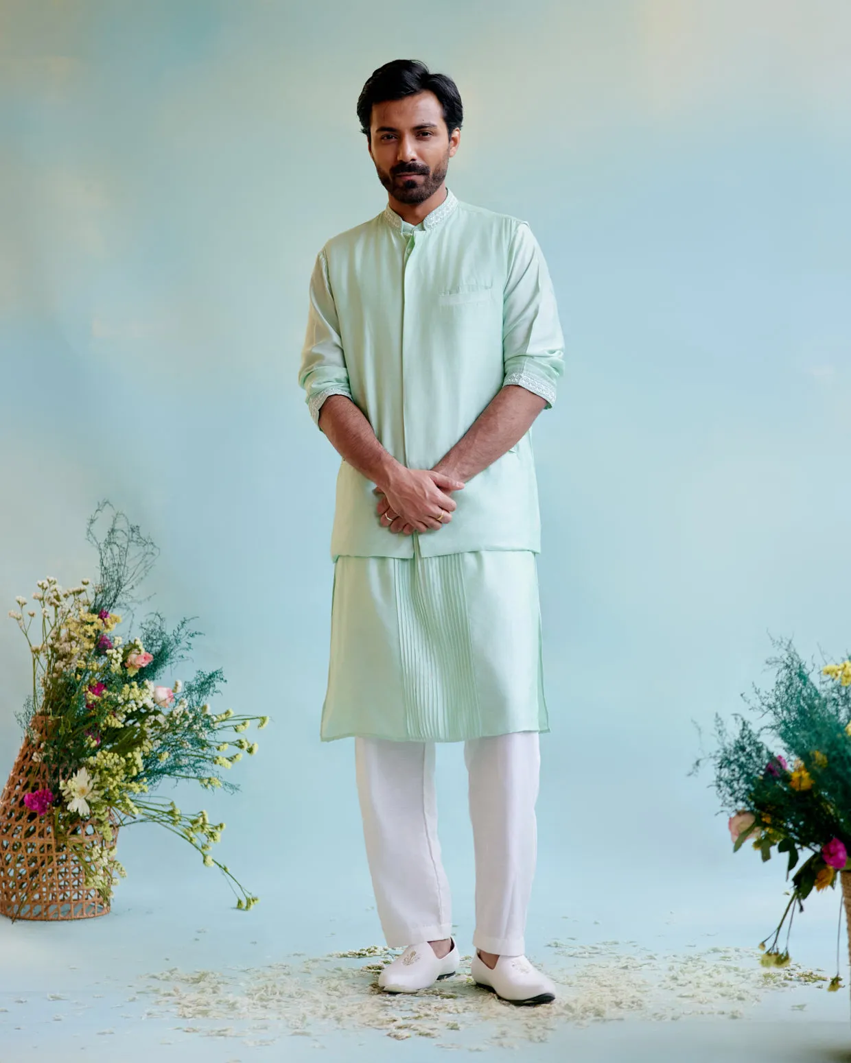Minty Dream Chanderi Pintuck Embroidered kurta