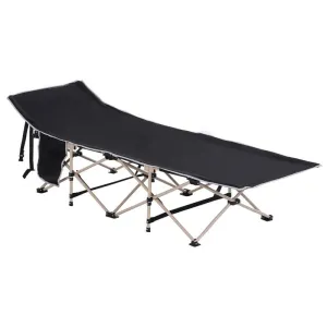 Outsunny Single Person Camping Bed Folding Cot Outdoor Patio Portable Military Sleeping Bed Travel Guest Leisure Fishing With Side Pocket And Carry Bag - Black