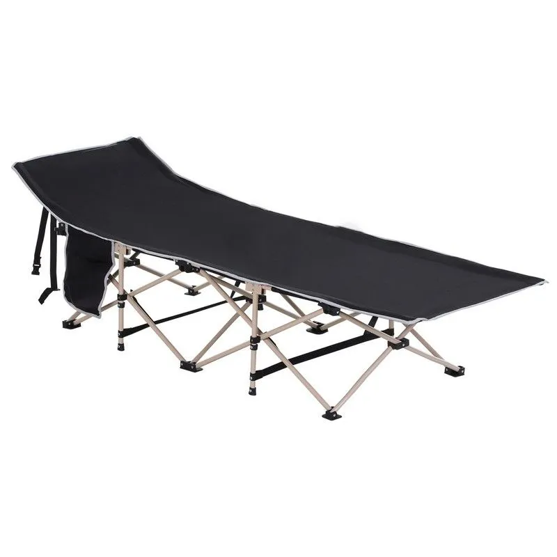 Outsunny Single Person Camping Bed Folding Cot Outdoor Patio Portable Military Sleeping Bed Travel Guest Leisure Fishing With Side Pocket And Carry Bag - Black
