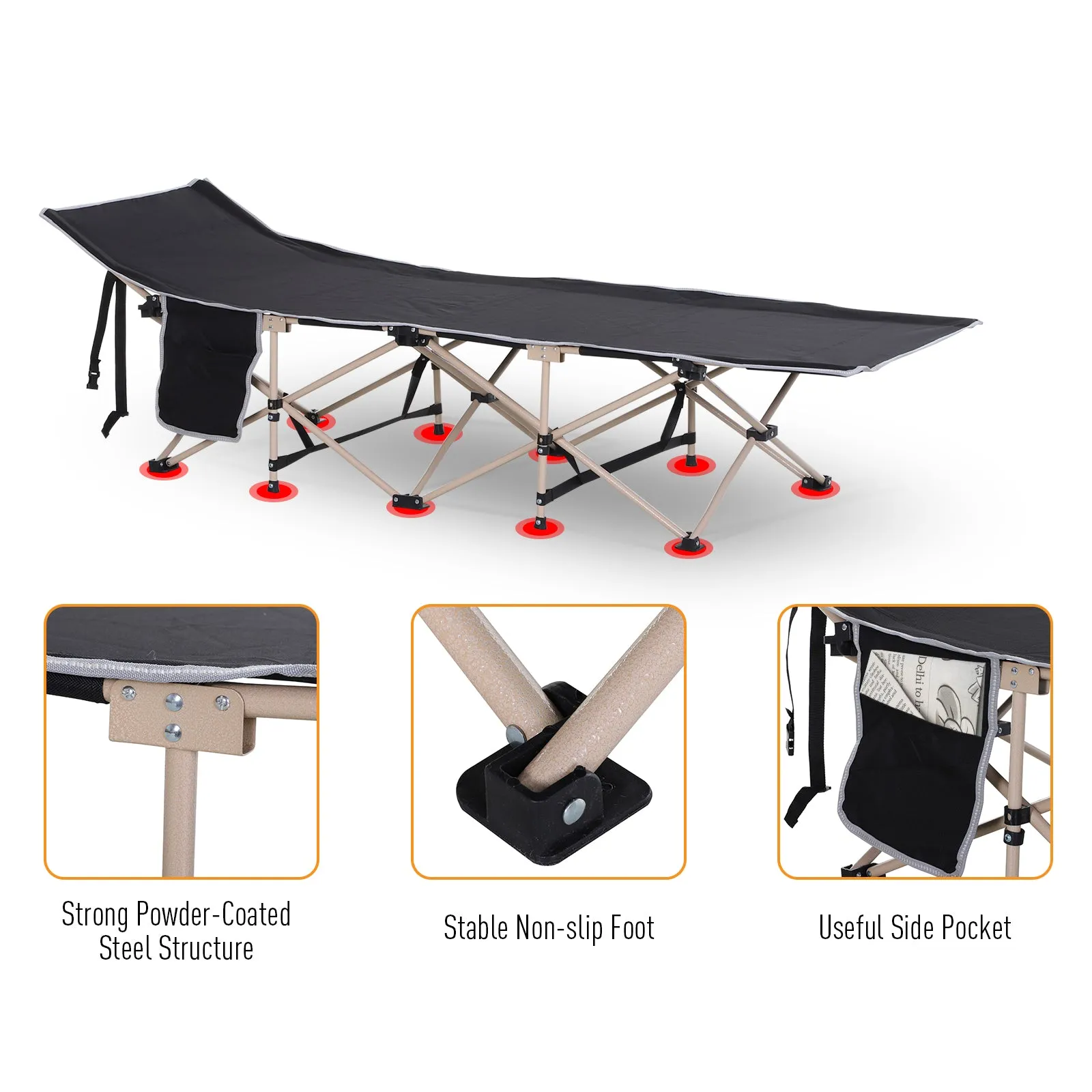 Outsunny Single Person Camping Bed Folding Cot Outdoor Patio Portable Military Sleeping Bed Travel Guest Leisure Fishing With Side Pocket And Carry Bag - Black