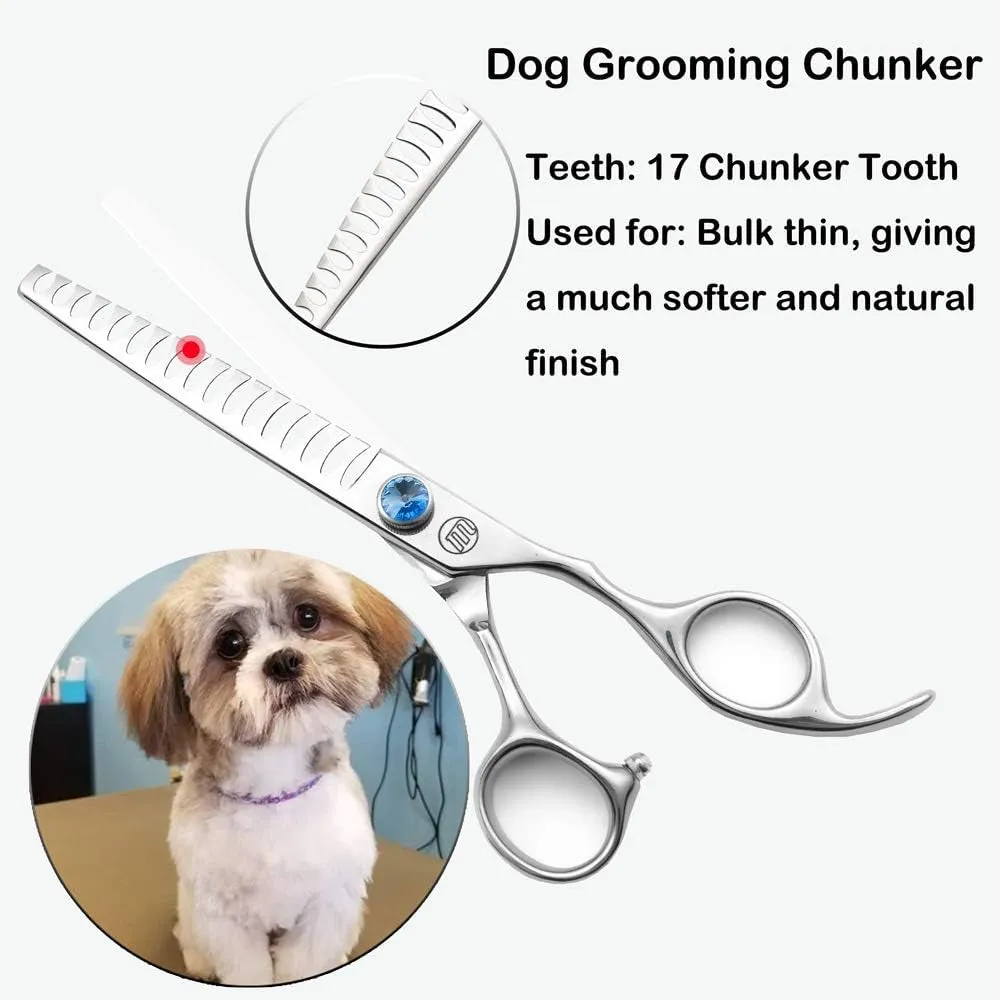 Professional Dog Grooming Straight, Curved, Thinning/Blending/Chunking Scissors Kit, JP-440C Stainless Steel Pet Cat Hair Cutting/Trimming Shears, Silver